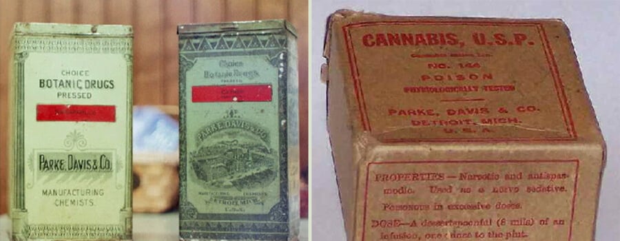 Vintage cannabisverpakking van Parke, Davis & Co. uit de 19e eeuw. Toont vroege farmaceutische verpakkingen voordat cannabis gereguleerd werd.