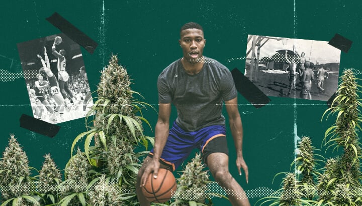 Een groep mensen die basketballen terwijl ze high zijn, genietend van de intensiteit en het plezier van het spel, wat de levendige sfeer van casual sporten onder invloed van cannabis illustreert.