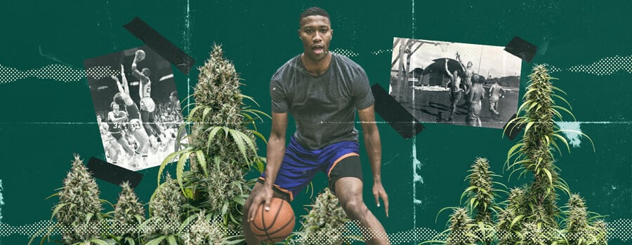 Een groep mensen die basketballen terwijl ze high zijn, genietend van de intensiteit en het plezier van het spel, wat de levendige sfeer van casual sporten onder invloed van cannabis illustreert.