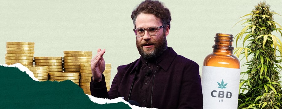 Een collage die Seth Rogen en de cannabisindustrie benadrukt, met een stapel gouden munten, een cannabispant, Seth Rogen die gebaren maakt en een flesje CBD-olie, die de cannabisbusiness en -cultuur symboliseert.