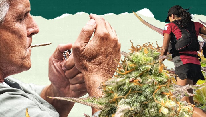 Een collage van drie beelden: één met cannabisgerelateerde visuals, één waarop een persoon een sigaret rookt, en een derde die een rennend persoon toont, wat diverse levensstijlen en activiteiten symboliseert.