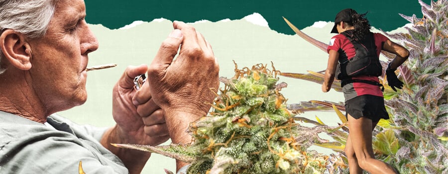 Een collage van drie beelden: één met cannabisgerelateerde visuals, één waarop een persoon een sigaret rookt, en een derde die een rennend persoon toont, wat diverse levensstijlen en activiteiten symboliseert.