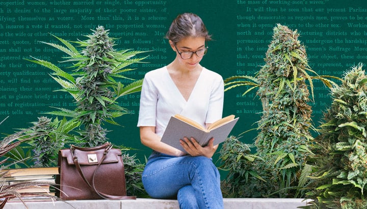 Jonge vrouw leest een boek, omringd door weelderige cannabisplanten in een levendige tuin, wat ontspanning en natuur benadrukt.