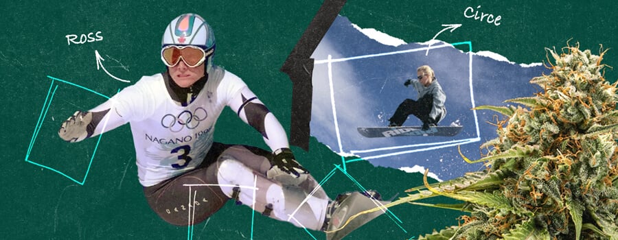 Een collage met de professionele snowboarders Ross Rebagliati en Circe Wallace, bekend om hun pleidooi voor cannabis naast hun snowboardcarrière.