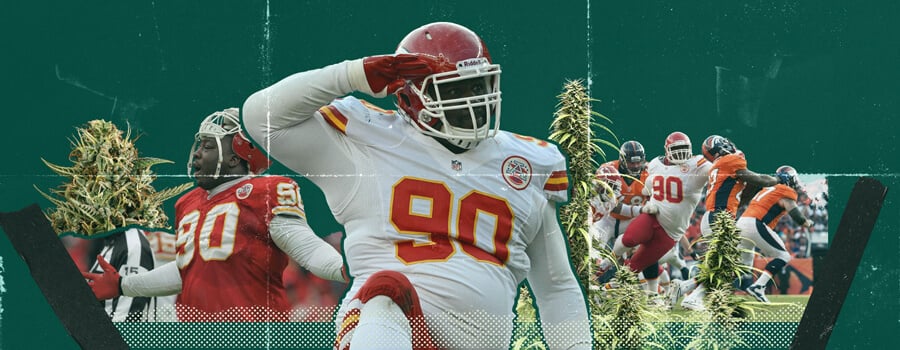 Een collage van Shaun Smith, voormalig speler van de Dallas Cowboys, omringd door cannabisplanten. De afbeelding benadrukt de relatie tussen cannabisgebruik en sportprestaties.