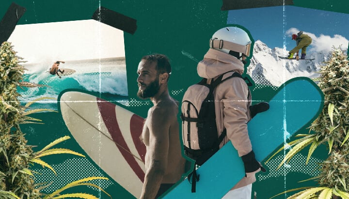 Een collage met surfers die golven vangen met besneeuwde bergen op de achtergrond, wat de perfecte combinatie van surfen, wintersport en cannabis genot symboliseert. De scène vangt de essentie van het genieten van buitensporten onder invloed van cannabis.