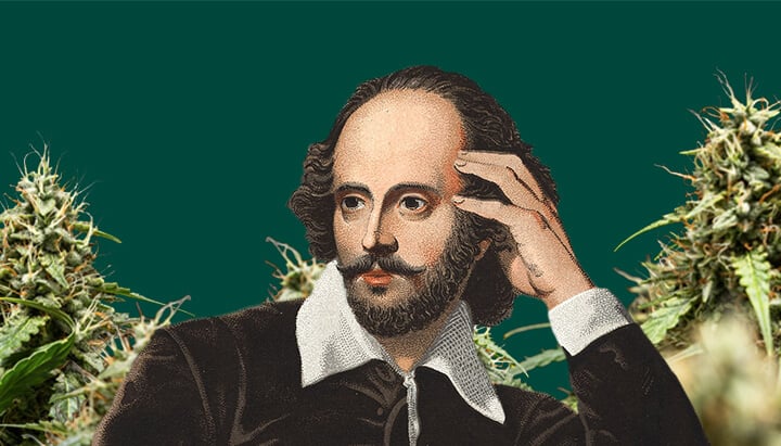 Portret van William Shakespeare, hand op de slapen, omringd door weelderige cannabisplanten tegen een donkergroene achtergrond.