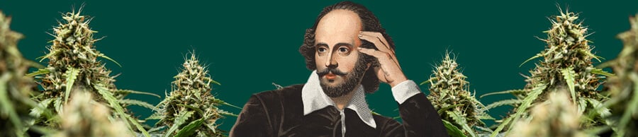 Portret van William Shakespeare, hand op de slapen, omringd door weelderige cannabisplanten tegen een donkergroene achtergrond.