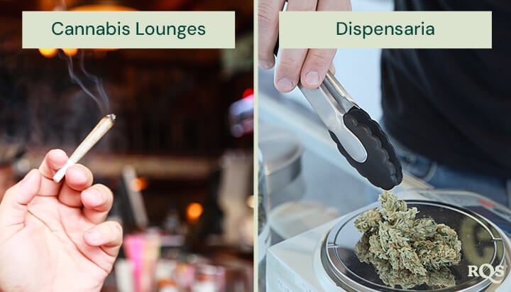 Een gesplitste afbeelding toont een hand die een aangestoken joint houdt in een cannabislounge aan de linkerkant, en een persoon die met een tang cannabis uit een pot in een apotheek aan de rechterkant selecteert.