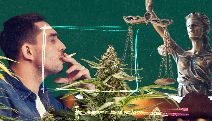 Digitale collage van een man die een joint rookt, cannabisplanten en Vrouwe Justitia met een weegschaal, als symbool voor de cannabismethoden. Groene getextureerde achtergrond met neonaccenten.