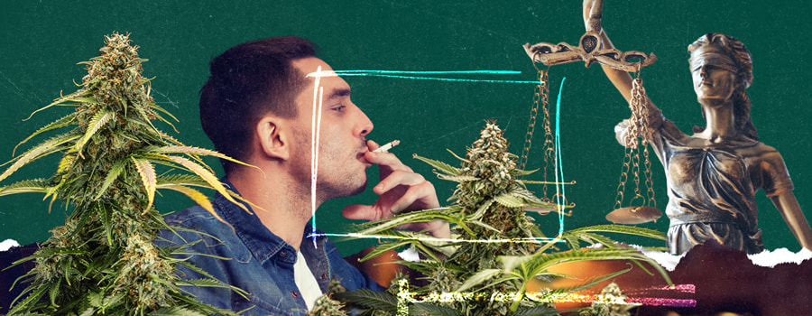 Digitale collage van een man die een joint rookt, cannabisplanten en Vrouwe Justitia met een weegschaal, als symbool voor de cannabismethoden. Groene getextureerde achtergrond met neonaccenten.