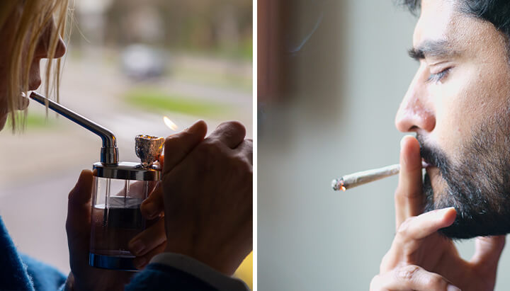 Vrouw die een dab neemt en man die een wietjoint rookt in twee aparte afbeeldingen.