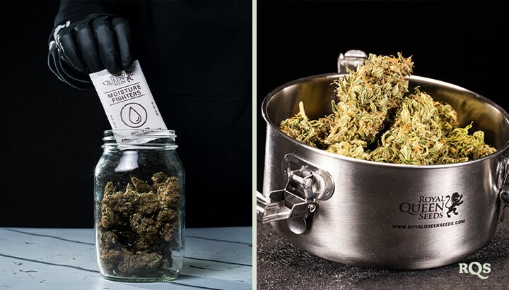 Twee manieren om cannabis te bewaren. Links een glazen pot met vochtregelaar, rechts een metalen container met cannabisbloemen van Royal Queen Seeds.