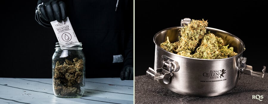 Twee manieren om cannabis te bewaren. Links een glazen pot met vochtregelaar, rechts een metalen container met cannabisbloemen van Royal Queen Seeds.