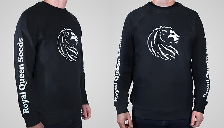 Een zwarte sweatshirt met een wit leeuwenkoplogo op de voorkant en de woorden 